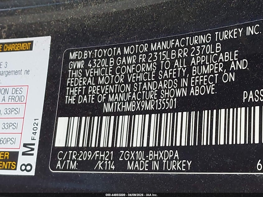 2021 Toyota C-Hr Le VIN: NMTKHMBX9MR135501 Lot: 44093996