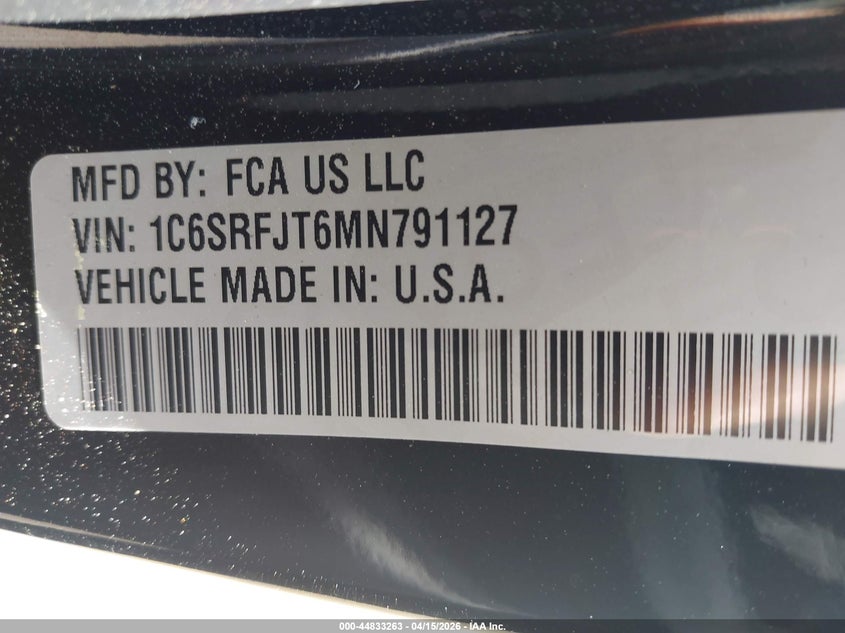 2021 Ram 1500 Laramie 4X4 5'7 Box VIN: 1C6SRFJT6MN791127 Lot: 44833263