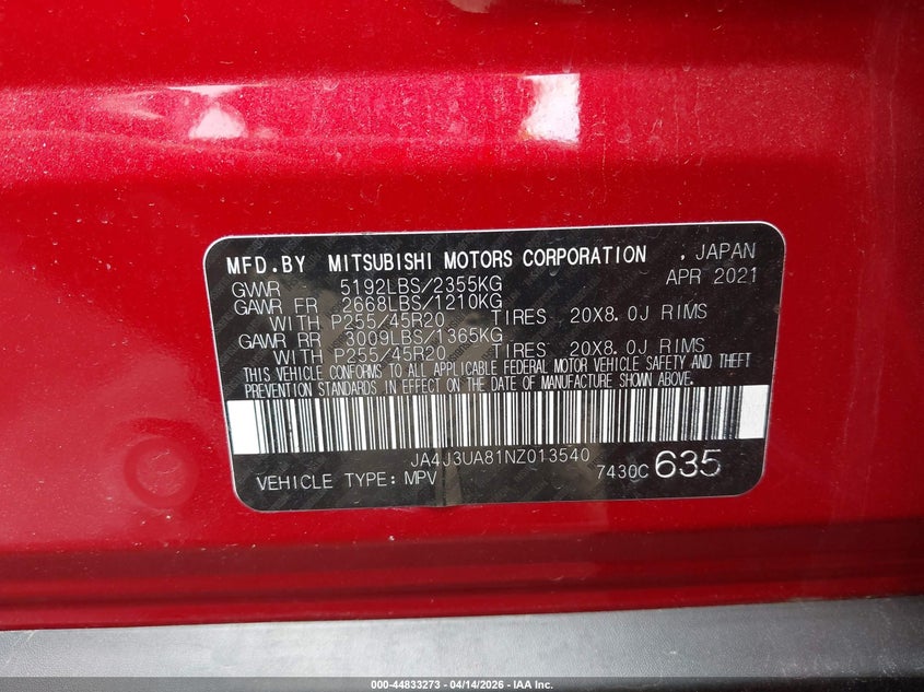 2022 Mitsubishi Outlander Black Edition 2Wd/Se 2.5 2Wd/Se Launch Edition 2Wd VIN: JA4J3UA81NZ013540 Lot: 44833273
