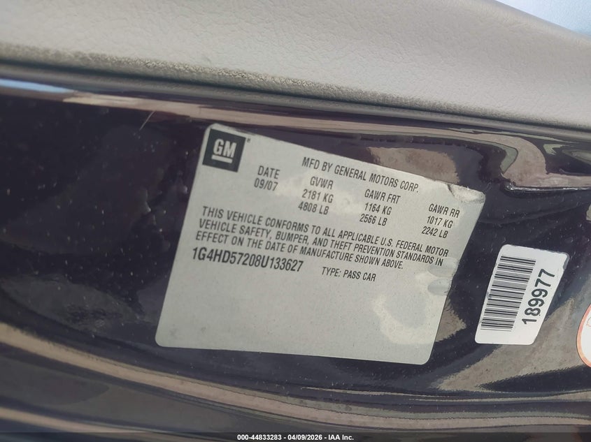 2008 Buick Lucerne Cxl VIN: 1G4HD57208U133627 Lot: 44833283