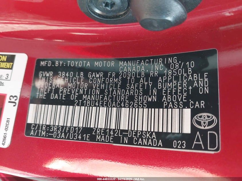 2010 Toyota Corolla 1.8 S/Le/Xle red Lot 111044833320 Vin 2T1BU4EE0AC462655
