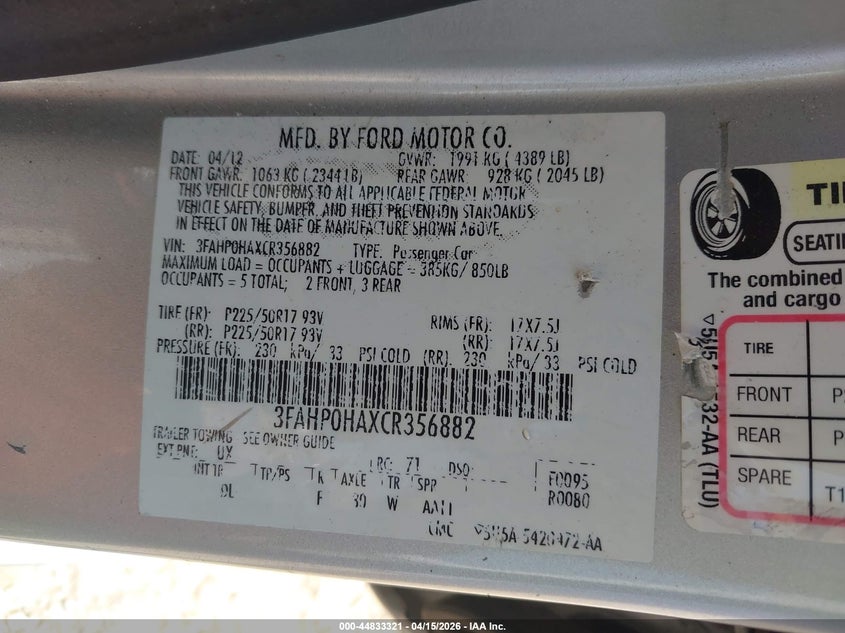 2012 Ford Fusion Se VIN: 3FAHP0HAXCR356882 Lot: 44833321