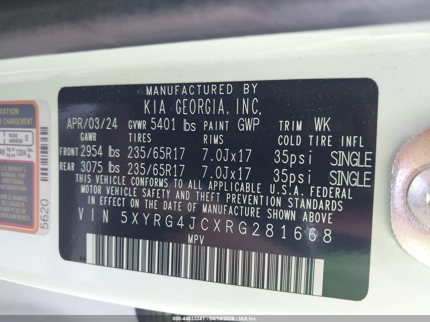 VIN 5XYRG4JCXRG281668 2024 KIA SORENTO LX