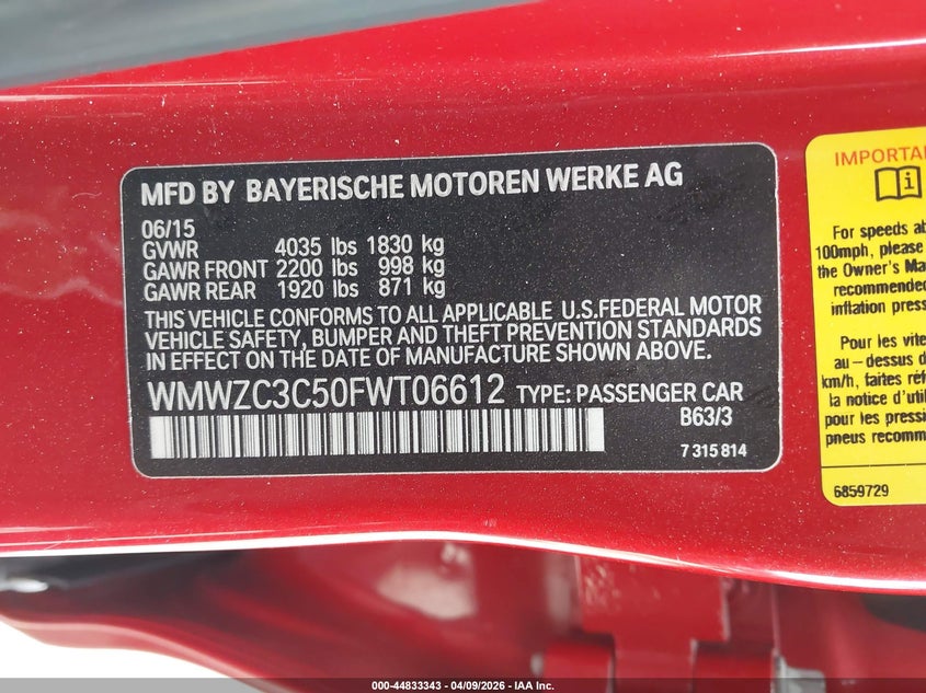 2015 Mini Countryman Cooper S VIN: WMWZC3C50FWT06612 Lot: 44833343