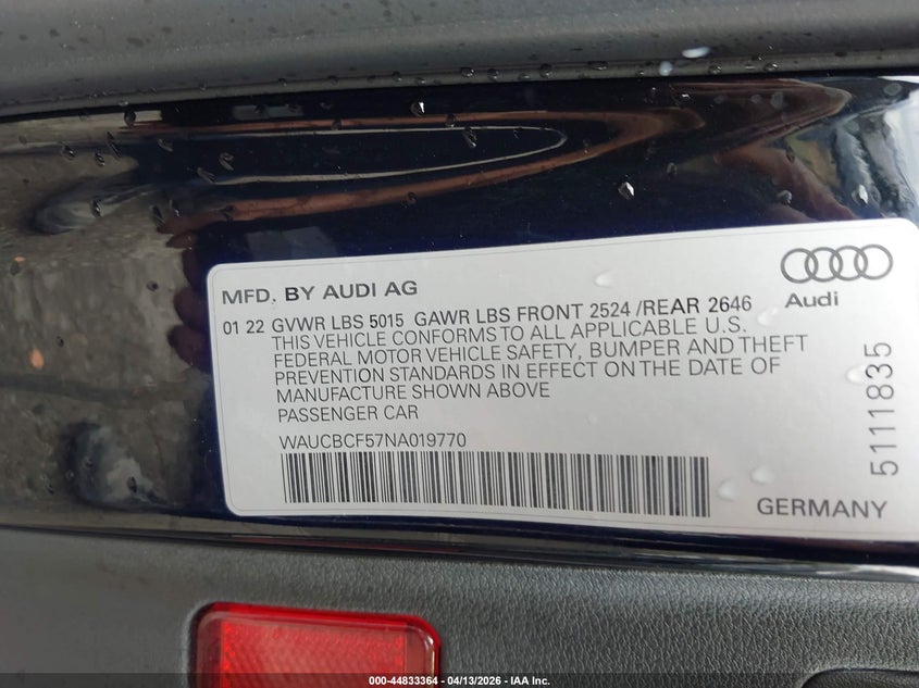 2022 Audi A5 Sportback Premium Plus 40 Tfsi Quattro S Tronic VIN: WAUCBCF57NA019770 Lot: 44833364