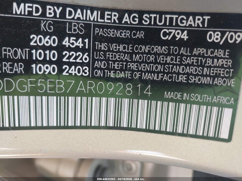 2010 Mercedes-Benz C 300 Luxury/Sport VIN: WDDGF5EB7AR092814 Lot: 44833382