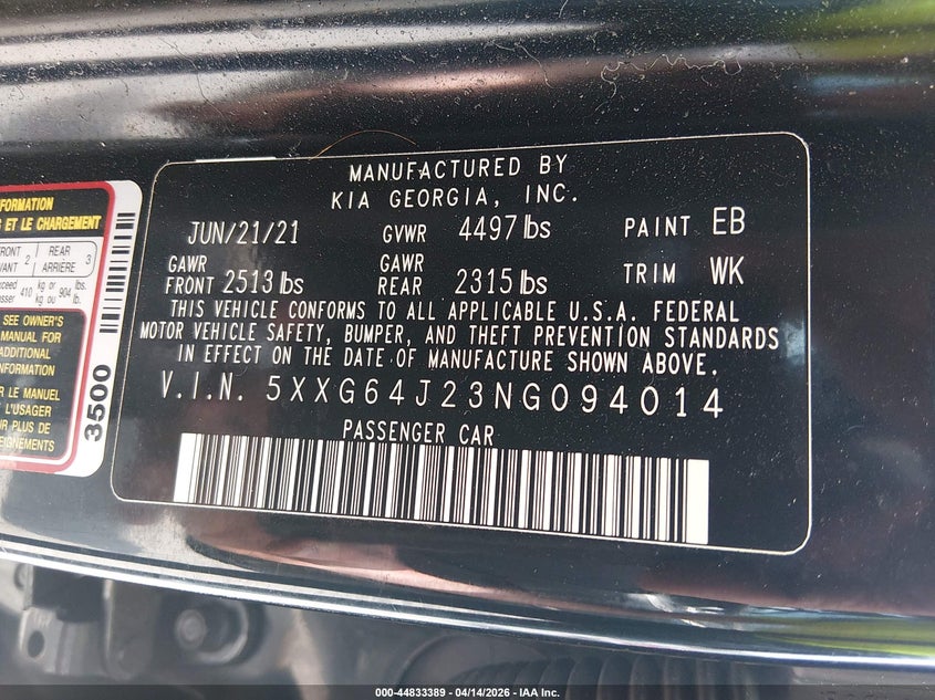 2022 Kia K5 Gt-Line VIN: 5XXG64J23NG094014 Lot: 44833389