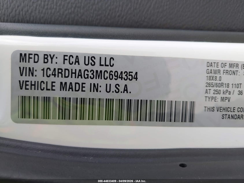 2021 Dodge Durango Sxt Rwd VIN: 1C4RDHAG3MC694354 Lot: 44833409
