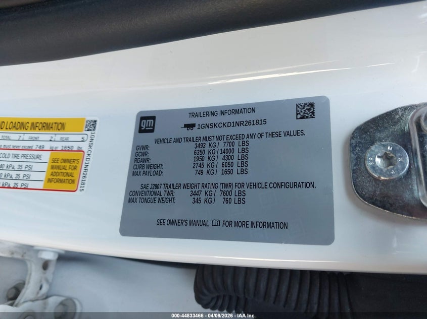 2022 Chevrolet Suburban 4Wd Lt VIN: 1GNSKCKD1NR261815 Lot: 44833466