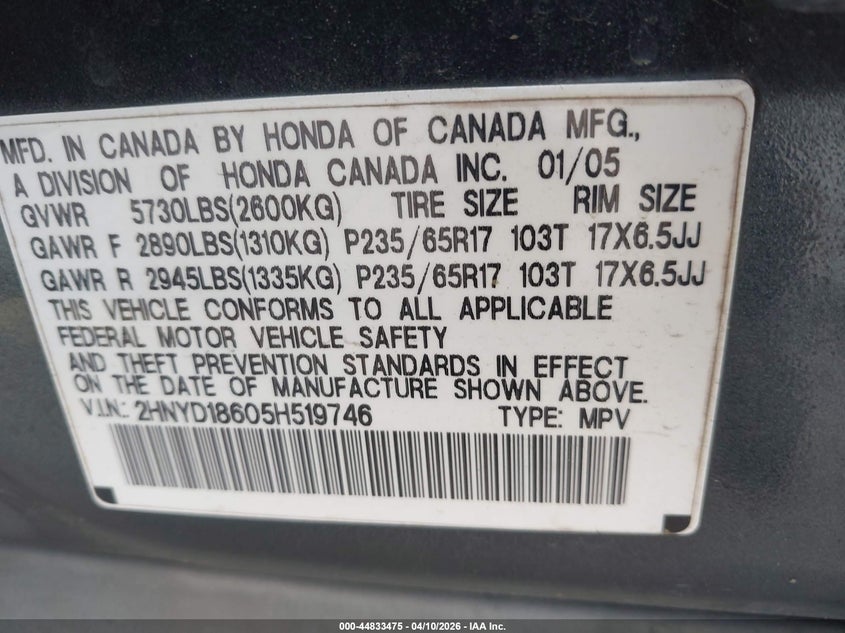 2005 Acura Mdx VIN: 2HNYD18605H519746 Lot: 44833475