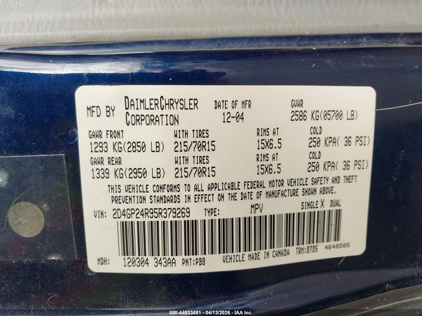 2005 Dodge Grand Caravan Se VIN: 2D4GP24R95R379269 Lot: 44833481