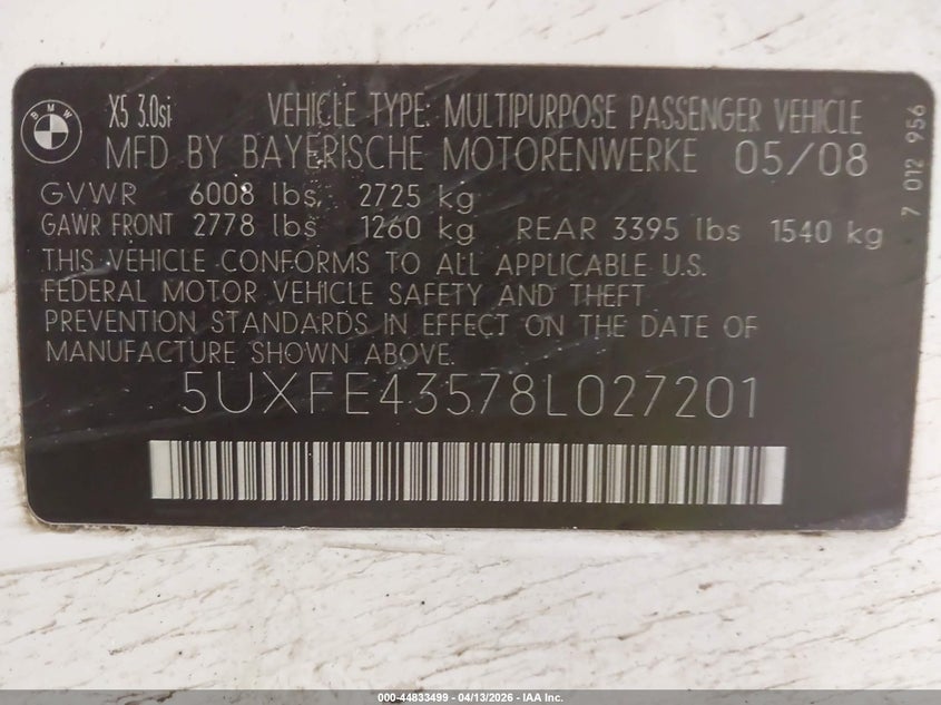 2008 BMW X5 3.0Si VIN: 5UXFE43578L027201 Lot: 44833499