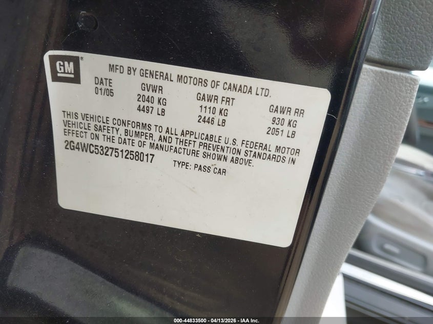 2005 Buick Lacrosse Cx VIN: 2G4WC532751258017 Lot: 44833500