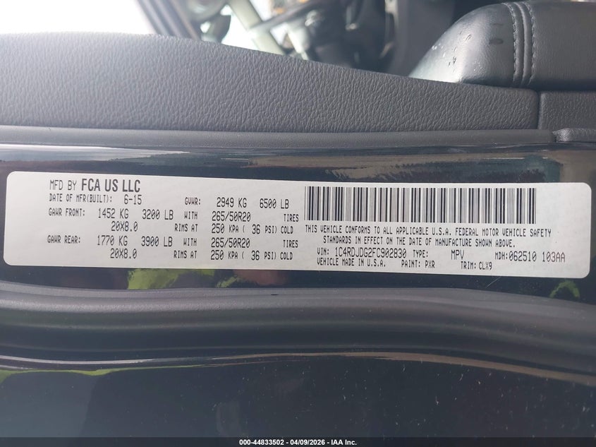 DODGE DURANGO 2015 VIN 1C4RDJDG2FC902830
