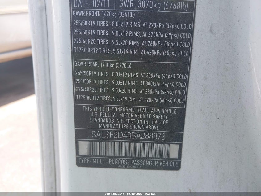 2011 Land Rover Range Rover Sport Hse VIN: SALSF2D48BA288873 Lot: 44833514