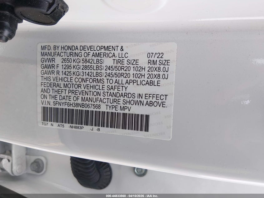 2022 Honda Pilot 3.5 white Lot 111044833568 Vin 5FNYF6H38NB067568