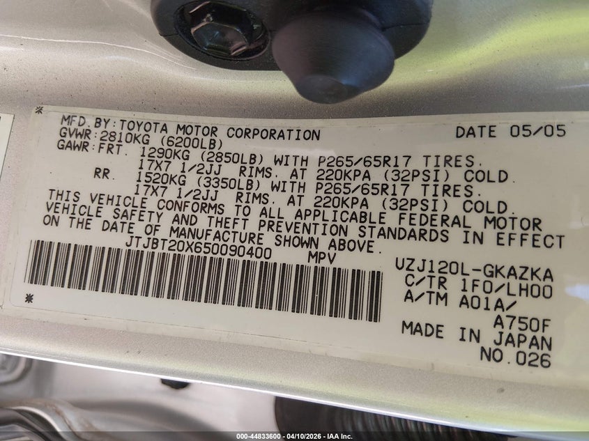 2005 Lexus Gx 470 VIN: JTJBT20X650090400 Lot: 44833600