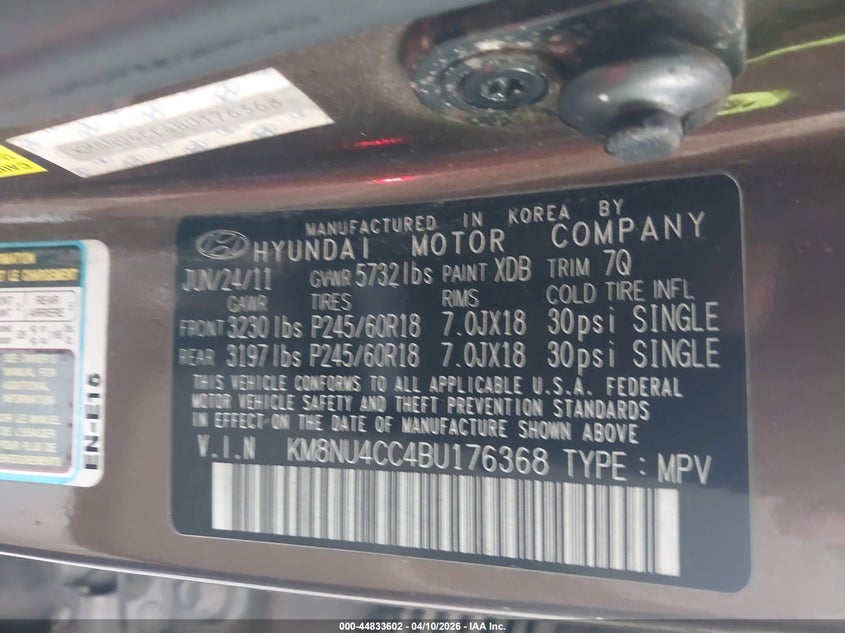 2011 Hyundai Veracruz Limited VIN: KM8NU4CC4BU176368 Lot: 44833602