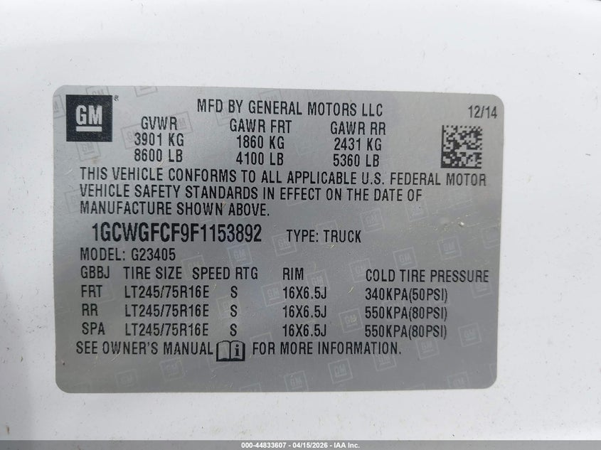 2015 Chevrolet Express 2500 Work Van VIN: 1GCWGFCF9F1153892 Lot: 44833607