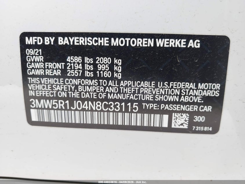 2022 BMW 330I VIN: 3MW5R1J04N8C33115 Lot: 44833616