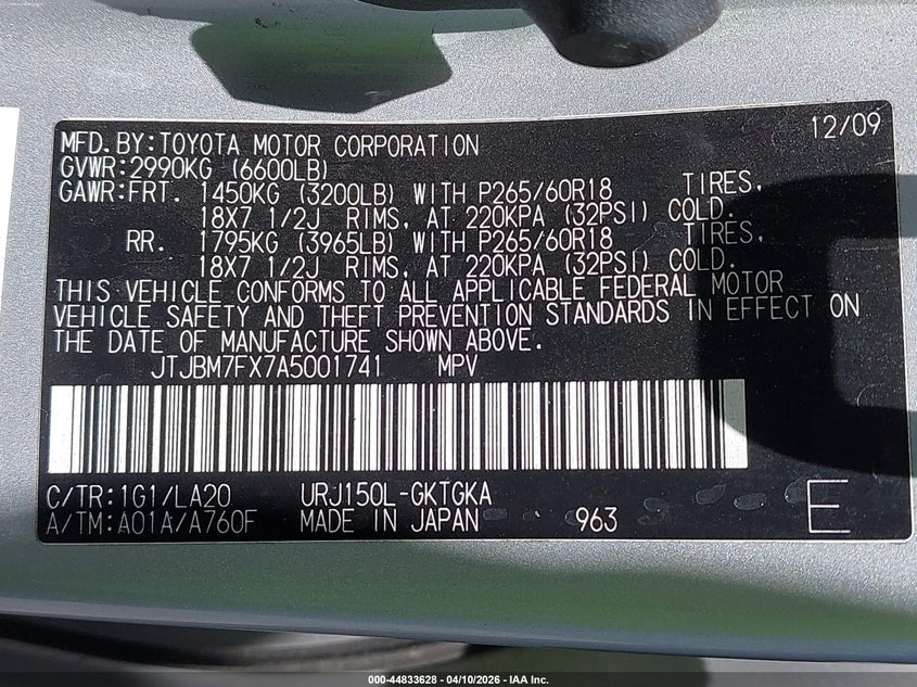 2010 Lexus Gx 460 VIN: JTJBM7FX7A5001741 Lot: 44833628