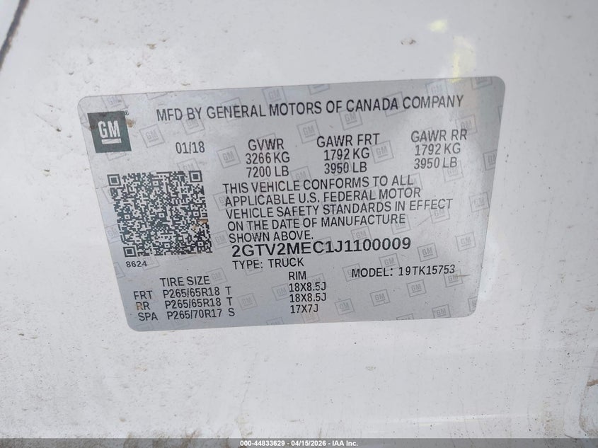 2018 GMC Sierra 1500 Sle VIN: 2GTV2MEC1J1100009 Lot: 44833629