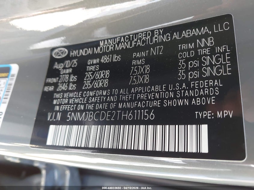 2026 HYUNDAI TUCSON 2.5L I-4 DI, DOHC, V(VIN: 5NMJBCDE2TH611156