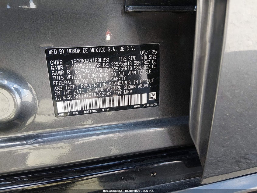 2026 HONDA HR-V 2.0L I-4 DI, DOHC, V(VIN: 3CZRZ1H73TM702989