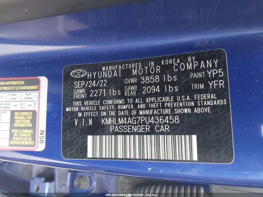 2023 Hyundai Elantra Sel VIN: KMHLM4AG7PU436458 Lot: 44833664