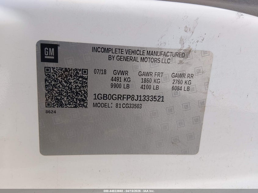 2018 Chevrolet Express Cutaway Work Van VIN: 1GB0GRFP8J1333521 Lot: 44833668