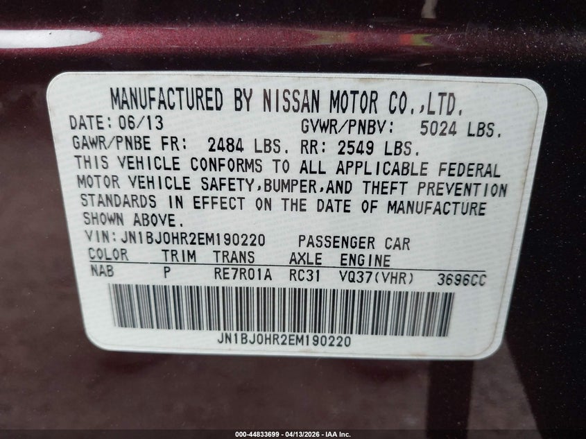 2014 Infiniti Qx50 Journey VIN: JN1BJ0HR2EM190220 Lot: 44833699