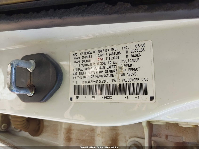 2006 Acura Tl VIN: 19UUA662X6A042240 Lot: 44833709