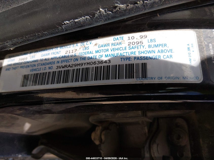 2000 Volkswagen Jetta Gl VIN: 3VWRA29M9YM063643 Lot: 44833710