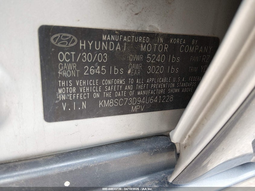 2004 Hyundai Santa Fe Gls VIN: KM8SC73D94U641228 Lot: 44833728