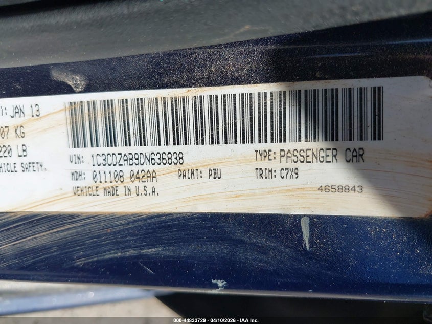 2013 Dodge Avenger Se VIN: 1C3CDZAB9DN636838 Lot: 44833729