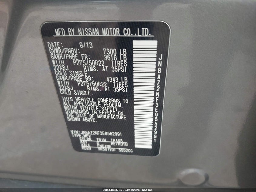 2014 Infiniti Qx80 VIN: JN8AZ2NF3E9552991 Lot: 44833735