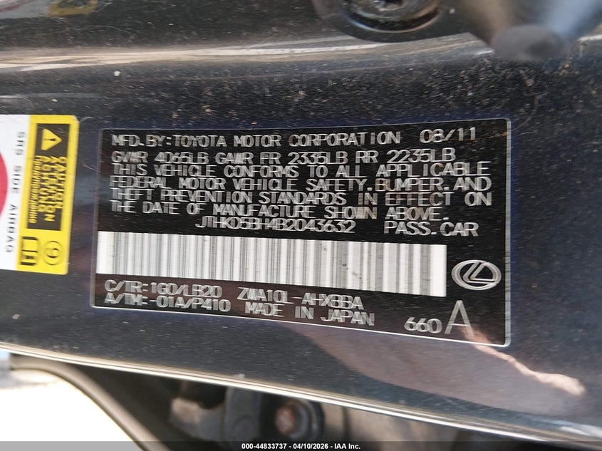 2011 Lexus Ct 200H Premium VIN: JTHKD5BH4B2043632 Lot: 44833737
