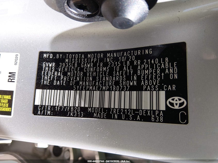 2021 Toyota Corolla 1.8 Le silver Lot 111044833744 Vin 5YFEPMAE7MP180737