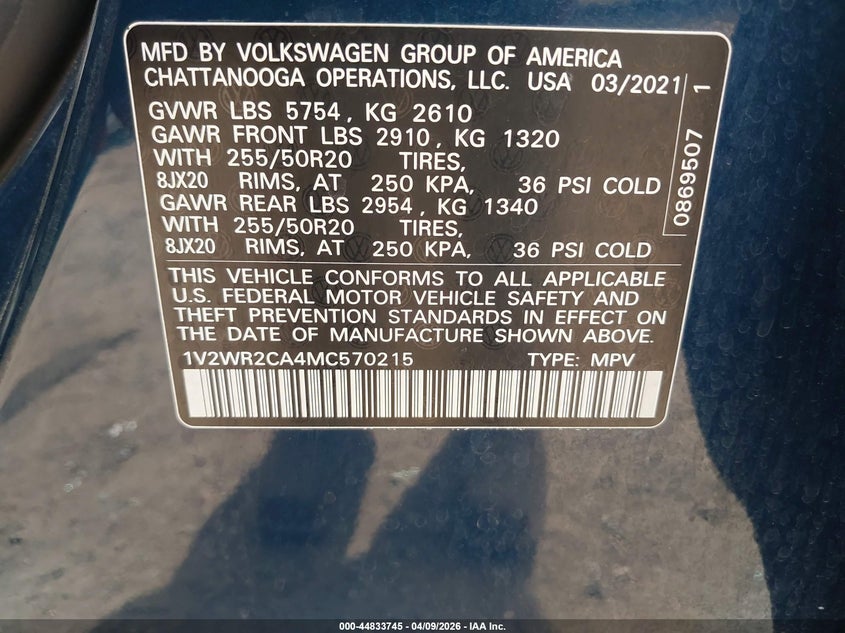 2021 VOLKSWAGEN ATLAS 3.6L V-6 DI, DOHC, V(VIN: 1V2WR2CA4MC570215