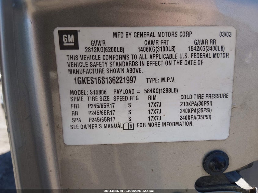 2003 GMC Envoy Xl Slt VIN: 1GKES16S136221997 Lot: 44833770