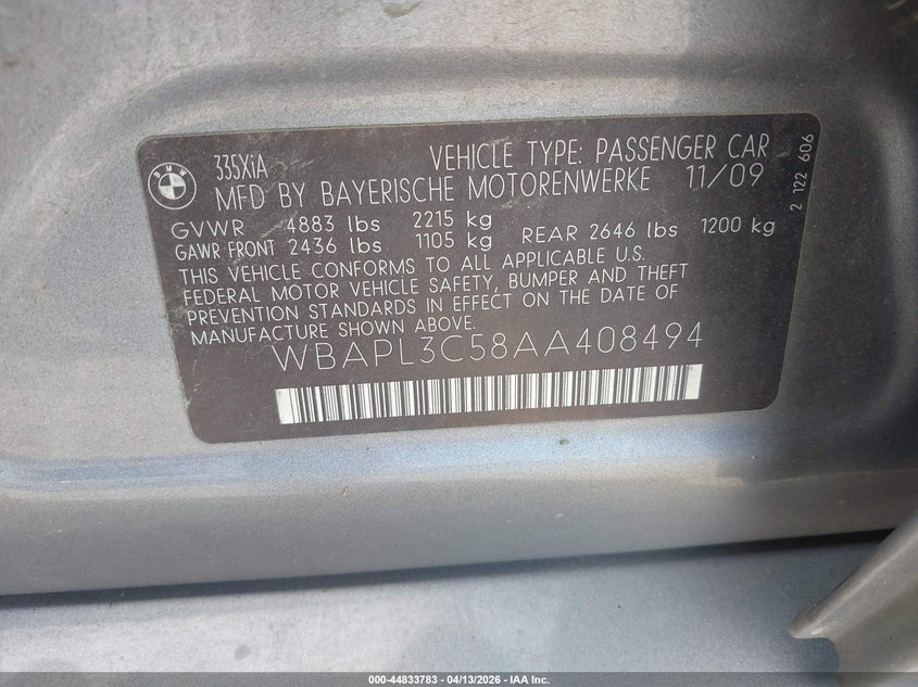2010 BMW 335I xDrive VIN: WBAPL3C58AA408494 Lot: 44833783