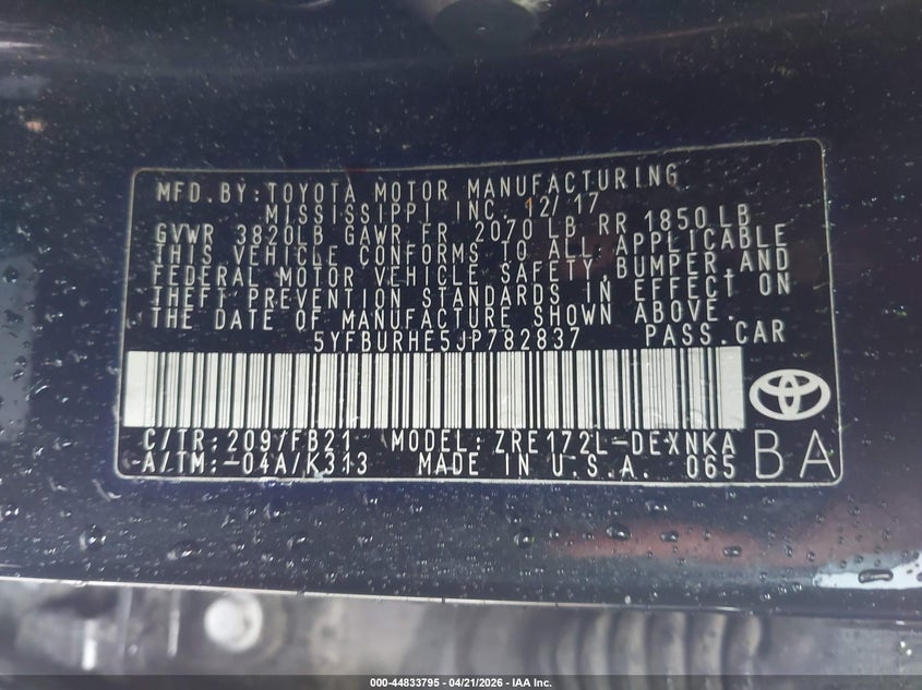 VIN 5YFBURHE5JP782837 2018 TOYOTA COROLLA LE