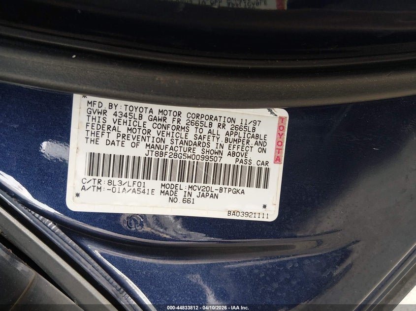 1998 Lexus Es 300 VIN: JT8BF28G5W0099507 Lot: 44833812