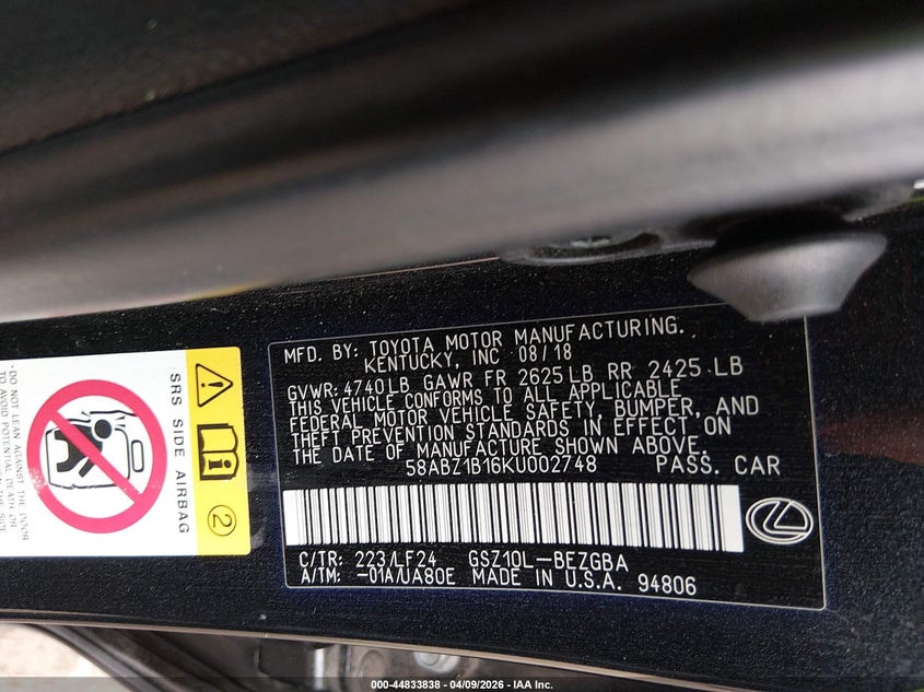 2019 Lexus Es 350 F Sport VIN: 58ABZ1B16KU002748 Lot: 44833838