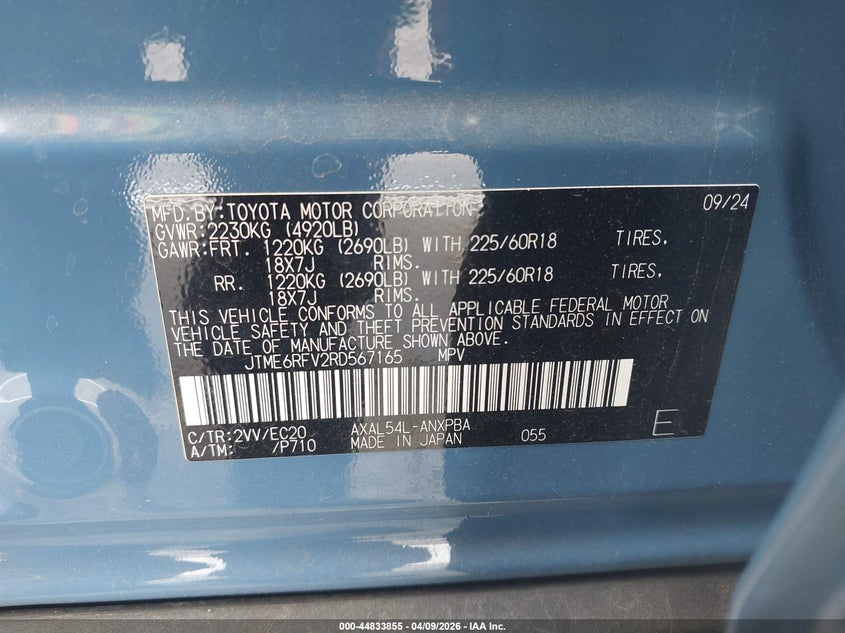 2024 TOYOTA RAV4 HYBRID 2.5L I-4 DI, DOHC, V(VIN: JTME6RFV2RD567165