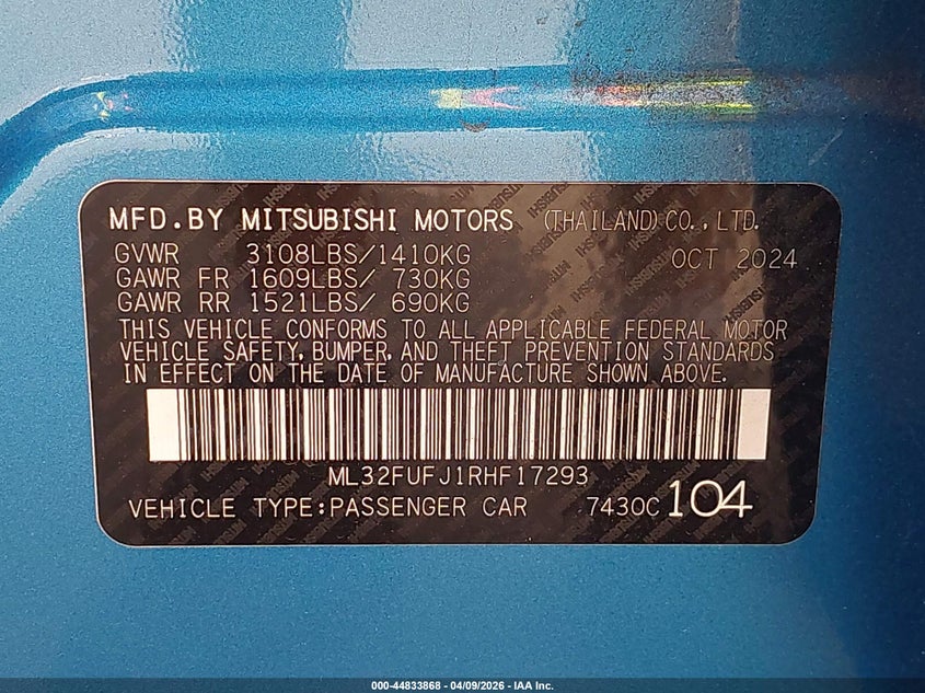 2024 MITSUBISHI MIRAGE G4 1.2L I-3 DOHC, VVT, (VIN: ML32FUFJ1RHF17293
