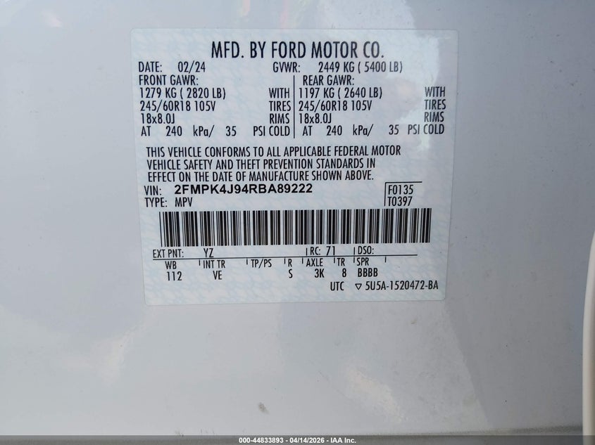 2024 Ford Edge 2.0 Sel white Lot 111044833893 Vin 2FMPK4J94RBA89222