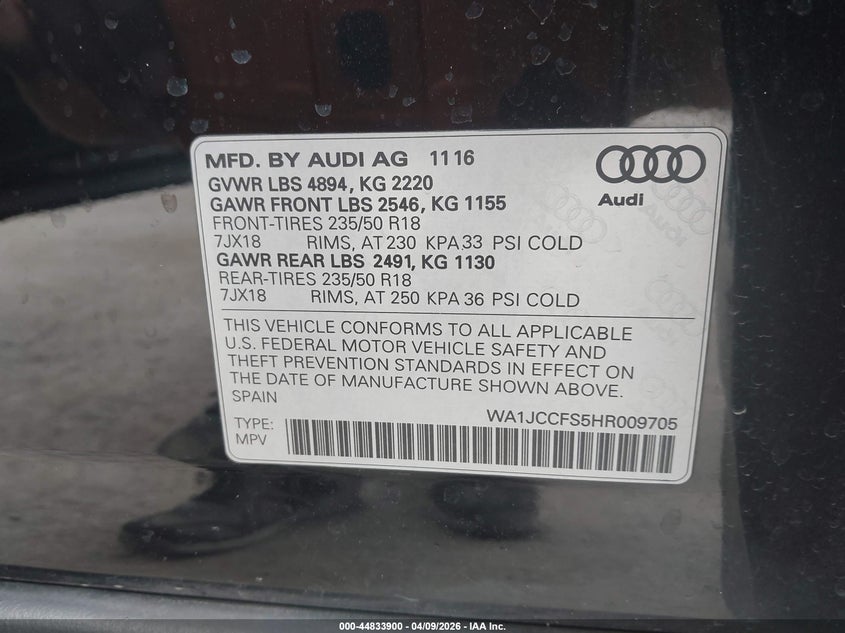 2017 Audi Q3 2.0T Premium VIN: WA1JCCFS5HR009705 Lot: 44833900