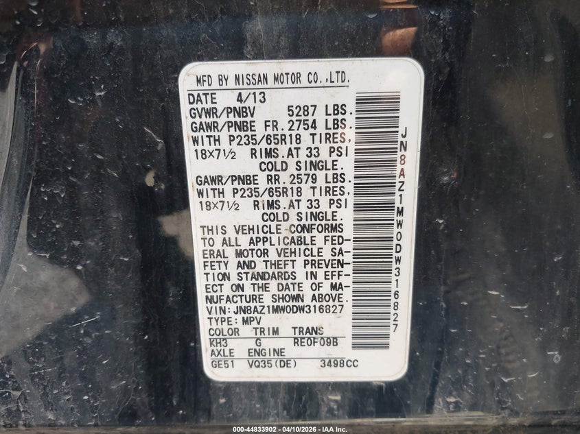 2013 Nissan Murano S VIN: JN8AZ1MW0DW316827 Lot: 44833902