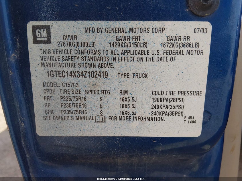 2004 GMC Sierra 1500 VIN: 1GTEC14X34Z102419 Lot: 44833922